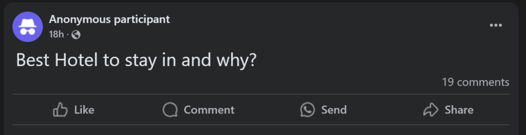Social media post asking about the best hotel